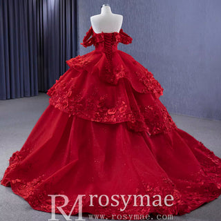 Sparkly Floral Ball Gown Wedding Dress Formal Gown with Off the Shoulder - Rosymae
