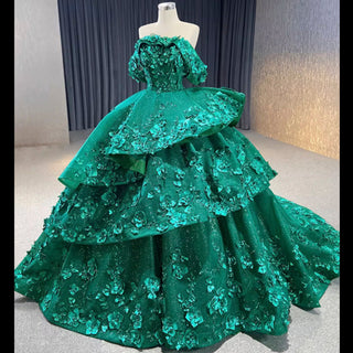 Sparkly Floral Ball Gown Wedding Dress Formal Gown with Off the Shoulder - Rosymae