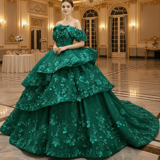 Sparkly Floral Ball Gown Wedding Dress Formal Gown with Off the Shoulder - Rosymae