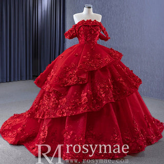 Sparkly Floral Ball Gown Wedding Dress Formal Gown with Off the Shoulder - Rosymae