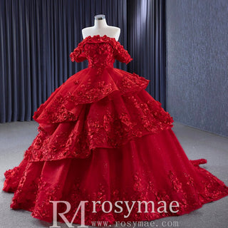 Sparkly Floral Ball Gown Wedding Dress Formal Gown with Off the Shoulder - Rosymae