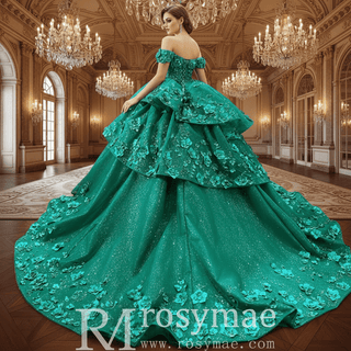 Sparkly Floral Ball Gown Wedding Dress Formal Gown with Off the Shoulder - Rosymae