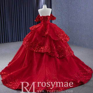 Sparkly Floral Ball Gown Wedding Dress Formal Gown with Off the Shoulder - Rosymae