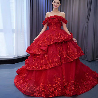 Sparkly Floral Ball Gown Wedding Dress Formal Gown with Off the Shoulder - Rosymae