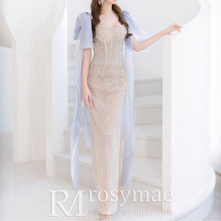 Sheer Crystals Sparkly Mermaid Wedding Dress with Leg Slit