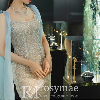 Sheer Crystals Sparkly Mermaid Wedding Dress with Leg Slit