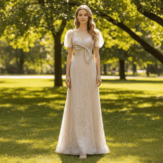 Sparkly Formal Gown Sheer Bodice Party Dress with Half Sleeve - Rosymae
