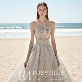 Sparkly Glitter Champagne Wedding Dresses with Leg Slit - Rosymae