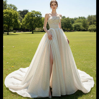 Sparkly Glitter Champagne Wedding Dresses with Leg Slit - Rosymae