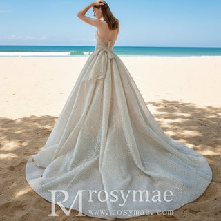 Sparkly Glitter Champagne Wedding Dresses with Leg Slit - Rosymae