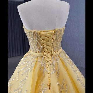 Sparkly Gold A-line Prom Gown Beaded Strapless Quinceanera Dress - Rosymae