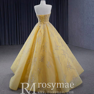 Sparkly Gold A-line Prom Gown Beaded Strapless Quinceanera Dress - Rosymae