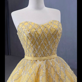 Sparkly Gold A-line Prom Gown Beaded Strapless Quinceanera Dress - Rosymae