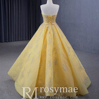 Sparkly Gold A-line Prom Gown Beaded Strapless Quinceanera Dress - Rosymae