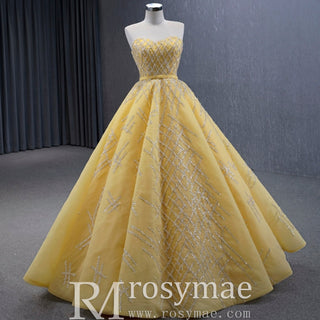 Sparkly Gold A-line Prom Gown Beaded Strapless Quinceanera Dress - Rosymae