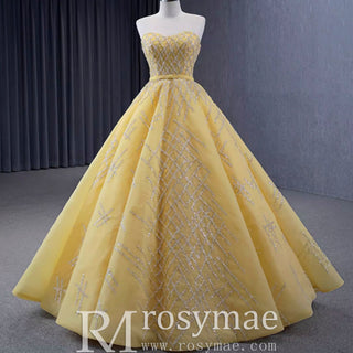 Sparkly Gold A-line Prom Gown Beaded Strapless Quinceanera Dress - Rosymae