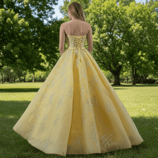 Sparkly Gold A-line Prom Gown Beaded Strapless Quinceanera Dress - Rosymae