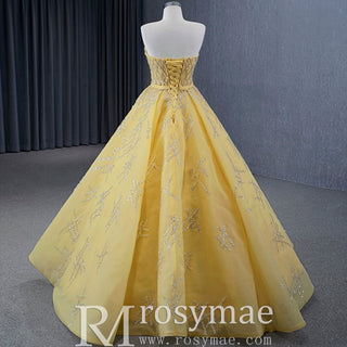 Sparkly Gold A-line Prom Gown Beaded Strapless Quinceanera Dress - Rosymae