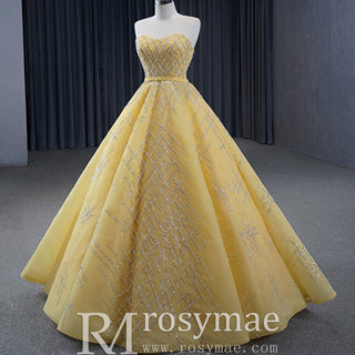 Sparkly Gold A-line Prom Gown Beaded Strapless Quinceanera Dress - Rosymae