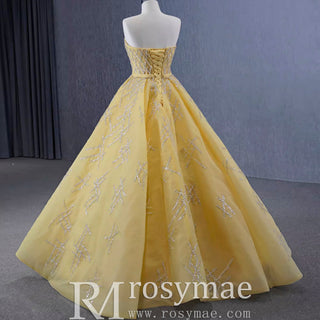 Sparkly Gold A-line Prom Gown Beaded Strapless Quinceanera Dress - Rosymae