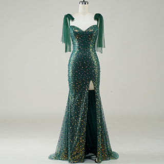 Green Mermaid Sequin Formal Dress with Iridescent Floral Glitter and Floor-Length Flared Hem