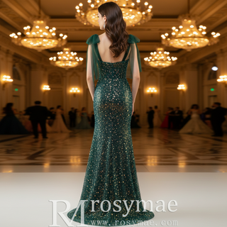 Green Mermaid Sequin Formal Dress with Iridescent Floral Glitter and Floor-Length Flared Hem