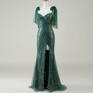 Green Mermaid Sequin Formal Dress with Iridescent Floral Glitter and Floor-Length Flared Hem