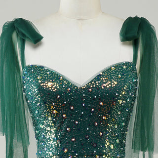 Green Mermaid Sequin Formal Dress with Iridescent Floral Glitter and Floor-Length Flared Hem