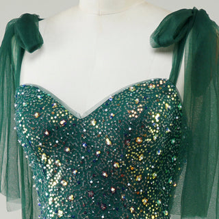 Green Mermaid Sequin Formal Dress with Iridescent Floral Glitter and Floor-Length Flared Hem