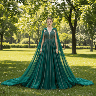 Sparkly Green Tulle Wedding Dress Formal Pageant Dress with Long Cape - Rosymae