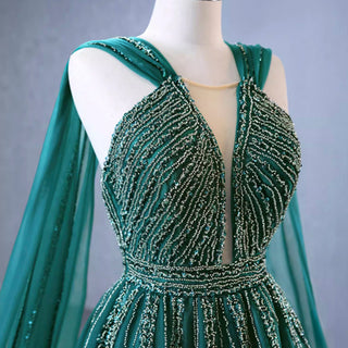 Sparkly Green Tulle Wedding Dress Formal Pageant Dress with Long Cape - Rosymae