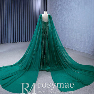 Sparkly Green Tulle Wedding Dress Formal Pageant Dress with Long Cape - Rosymae