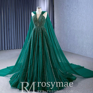 Sparkly Green Tulle Wedding Dress Formal Pageant Dress with Long Cape - Rosymae