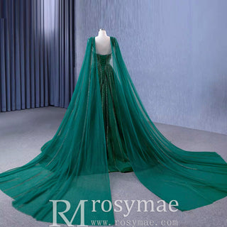 Sparkly Green Tulle Wedding Dress Formal Pageant Dress with Long Cape - Rosymae