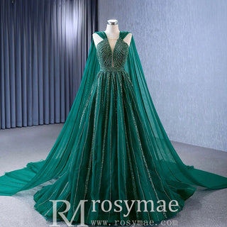Sparkly Green Tulle Wedding Dress Formal Pageant Dress with Long Cape - Rosymae