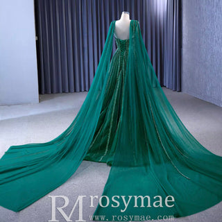 Sparkly Green Tulle Wedding Dress Formal Pageant Dress with Long Cape - Rosymae