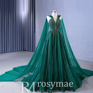 Sparkly Green Tulle Wedding Dress Formal Pageant Dress with Long Cape - Rosymae