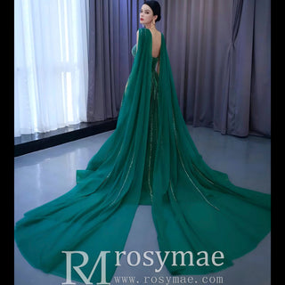 Sparkly Green Tulle Wedding Dress Formal Pageant Dress with Long Cape - Rosymae