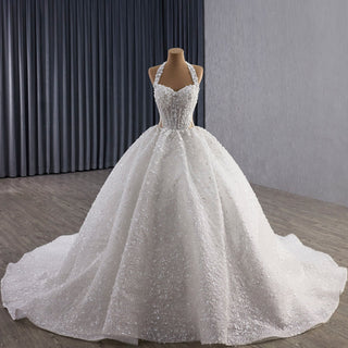 Sparkly Handmade Ball Gown Halter Wedding Dress with Sheer Bodice - Rosymae
