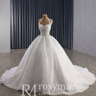 Sparkly Handmade Ball Gown Halter Wedding Dress with Sheer Bodice - Rosymae