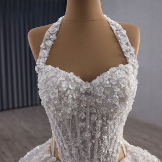 Sparkly Handmade Ball Gown Halter Wedding Dress with Sheer Bodice - Rosymae
