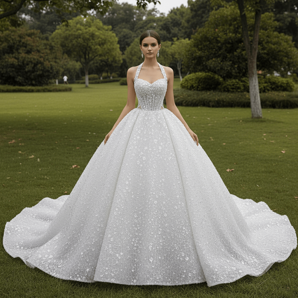 Sparkly Handmade Ball Gown Halter Wedding Dress with Sheer Bodice