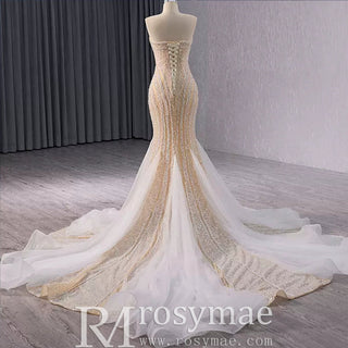 Sparkly High-end Champagne Evening Dress with Handmade Beading Pearl Sequins - Rosymae
