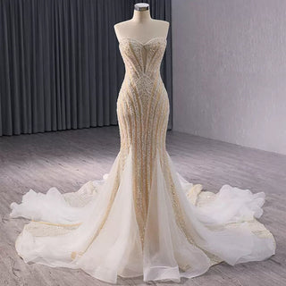 Sparkly High-end Champagne Evening Dress with Handmade Beading Pearl Sequins - Rosymae