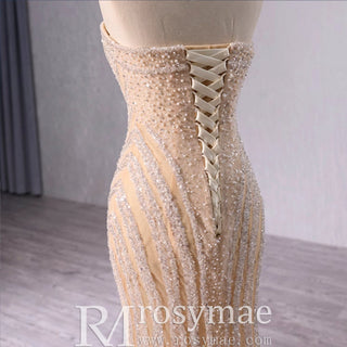Sparkly High-end Champagne Evening Dress with Handmade Beading Pearl Sequins - Rosymae
