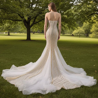 Sparkly High-end Champagne Evening Dress with Handmade Beading Pearl Sequins - Rosymae