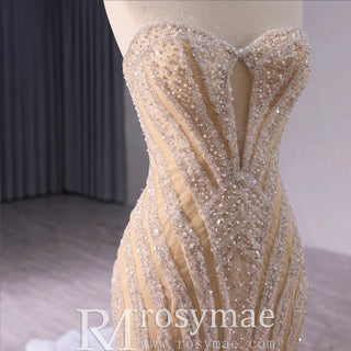 Sparkly High-end Champagne Evening Dress with Handmade Beading Pearl Sequins - Rosymae