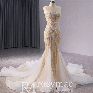 Sparkly High-end Champagne Evening Dress with Handmade Beading Pearl Sequins - Rosymae