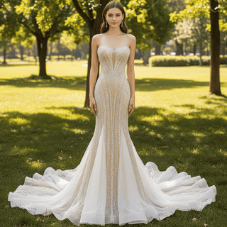 Sparkly High-end Champagne Evening Dress with Handmade Beading Pearl Sequins - Rosymae