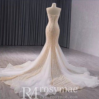 Sparkly High-end Champagne Evening Dress with Handmade Beading Pearl Sequins - Rosymae